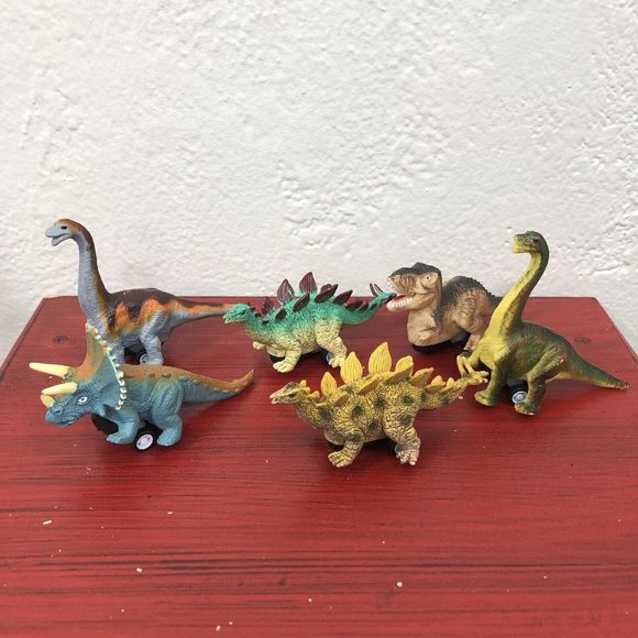 Lot of 6 Pull Back Dinosaur Vehicles Toys Cars Raptor Brachiosaur 2 Wheel - Picture 1 of 4
